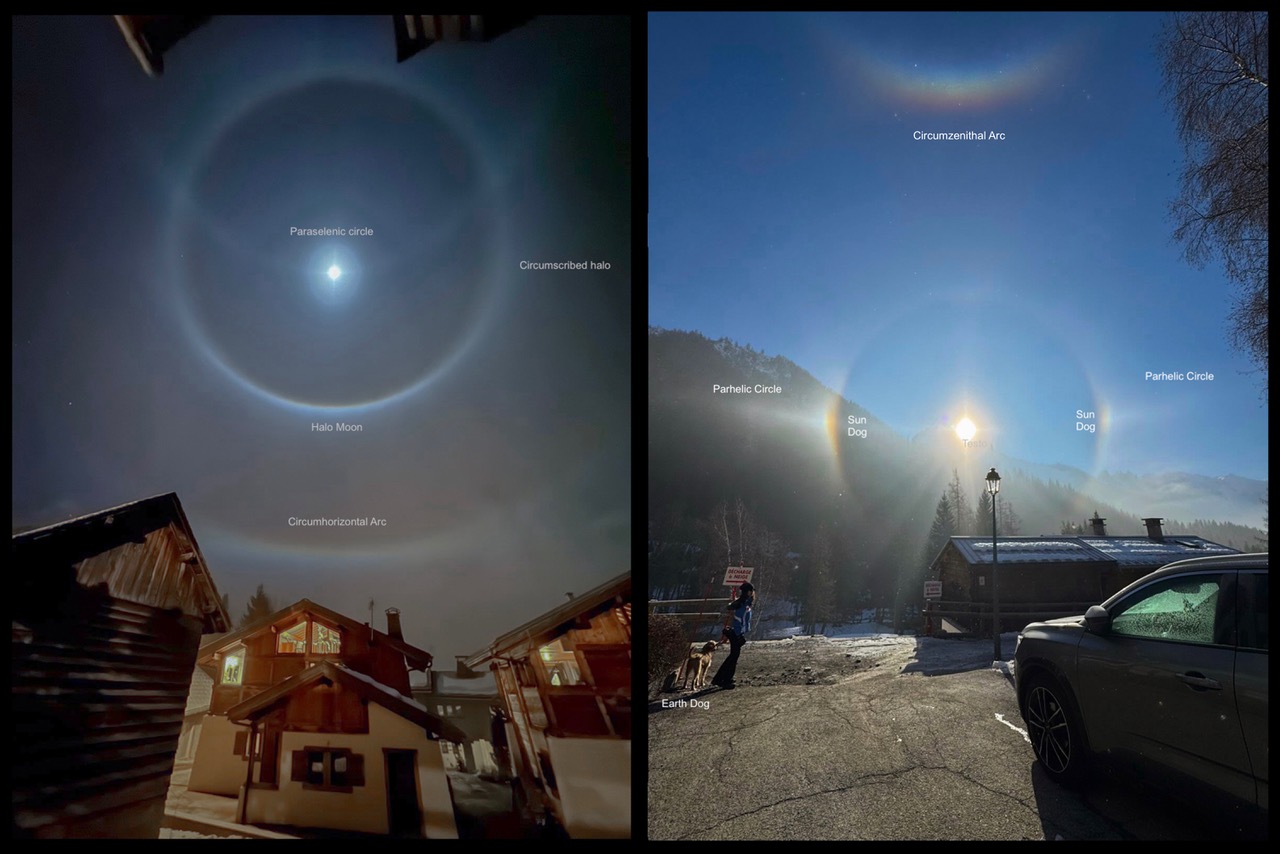 Ice Halos by Moonlight and Sunlight